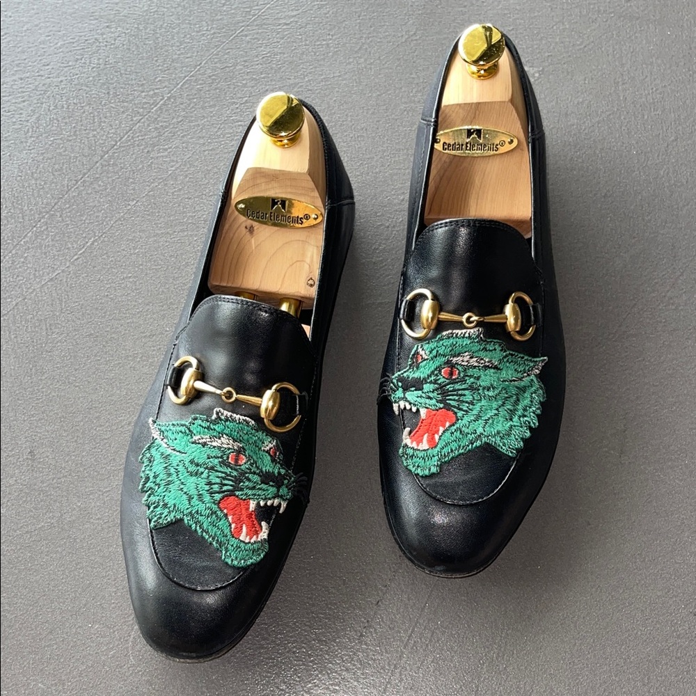 Gucci Panther Brixton Black Leather Loafers Mens size 6